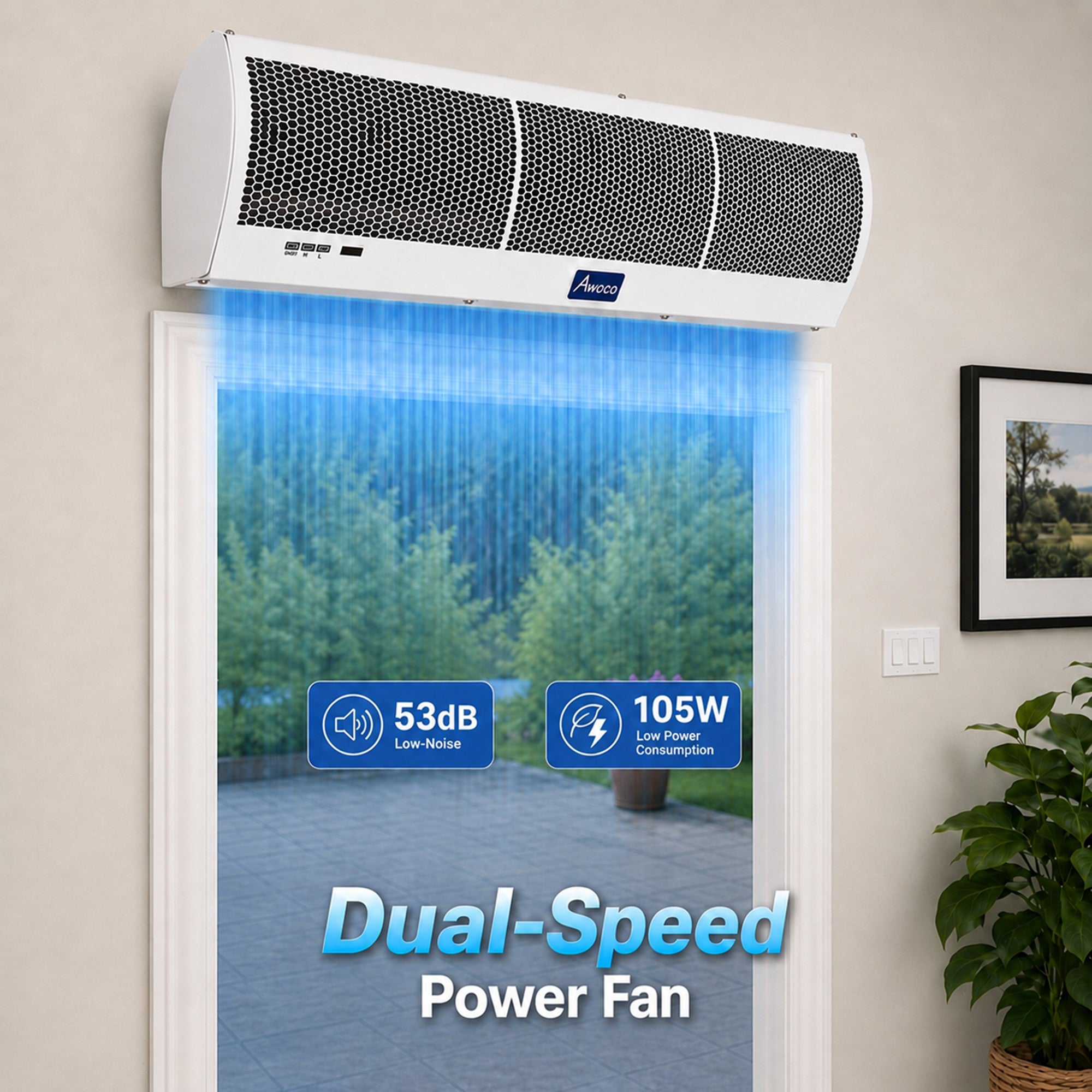 A white wall-mounted dual-speed power fan shown above a doorway, 53dB Low Noise and 105W Low Power Consumption. 