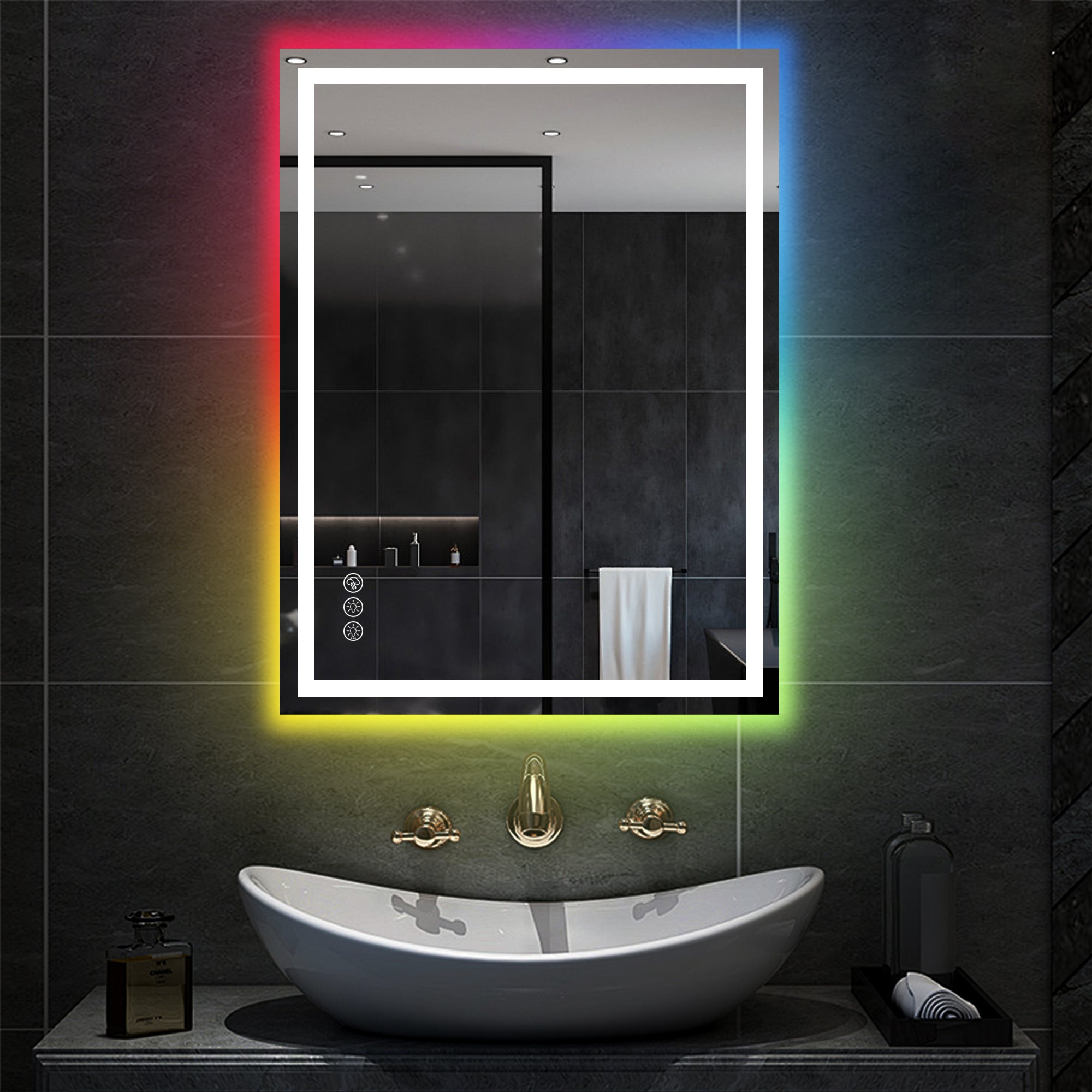 Awoco LED Bathroom Mirror, Vanity Mirror with 8 Colors RGB Backlit and 3 Colors Front Light, Dimmable Anti-Fog Lighted Mirror, Memory Function, Mirror for Bathroom Wall