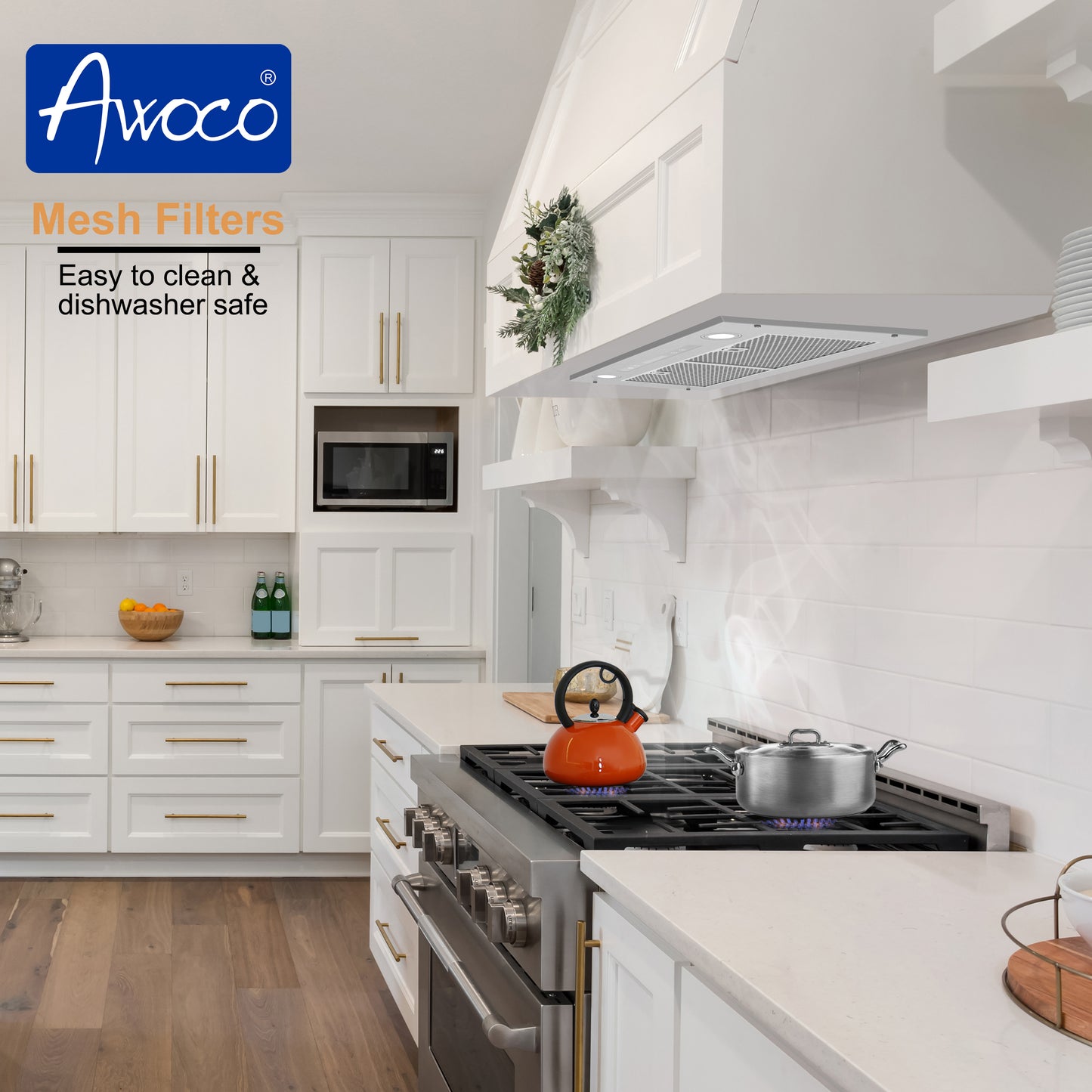 Awoco RH-BQ-R 14-1/2”D Built-in/Insert Stainless Steel Range Hood, 4-Speed, 650 CFM, LED Lights, Baffle Filters for Wood Hood