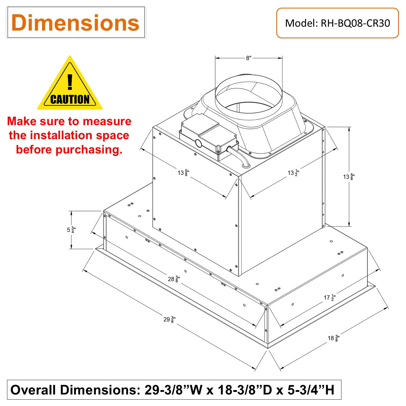 30 inch Flush Ceiling Mount Range Hood Dimensions