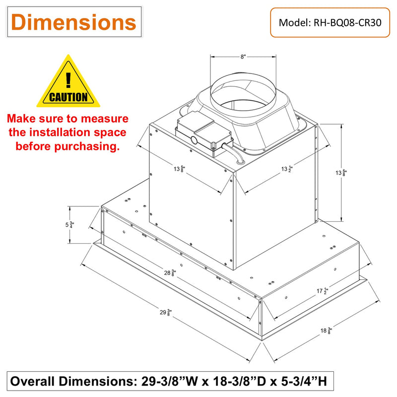 30 inch Flush Ceiling Mount Range Hood Dimensions