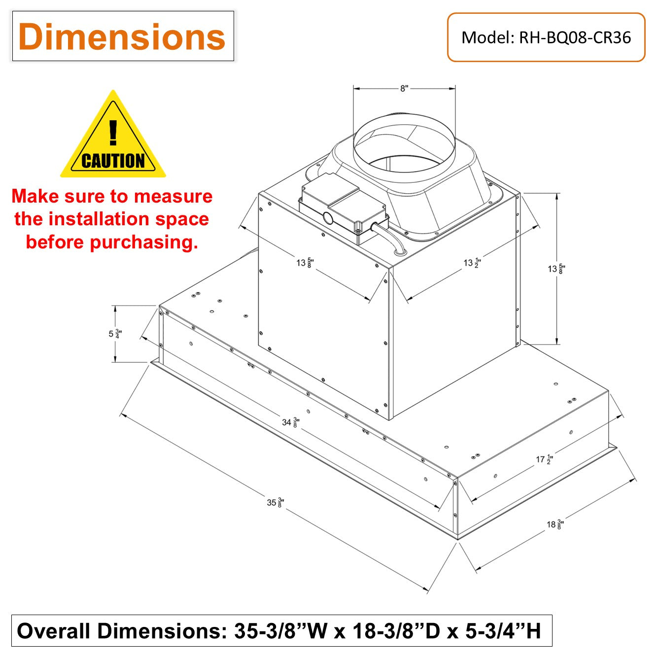 36 inch Flush Ceiling Mount Range Hood Dimensions