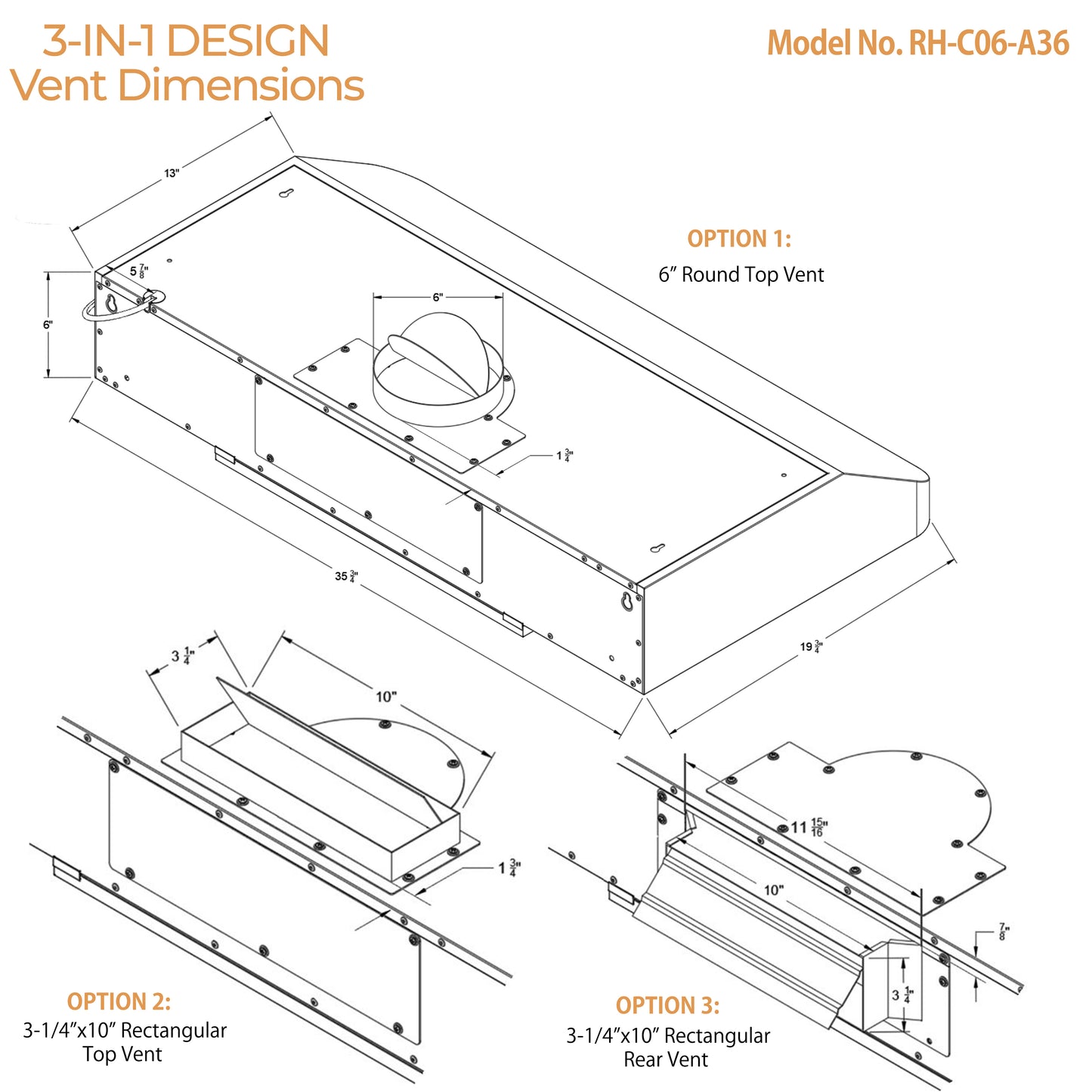 [Refurbished-A] Awoco RH-C06-A 36" Under Cabinet Range Hood - 6" Round Top Vent, 900 CFM