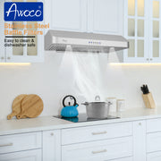 Awoco RH-C06 Under Cabinet Classic 6” High Stainless Steel Range Hood, 4 Speeds, Top Vent 900CFM w/ LED Lights