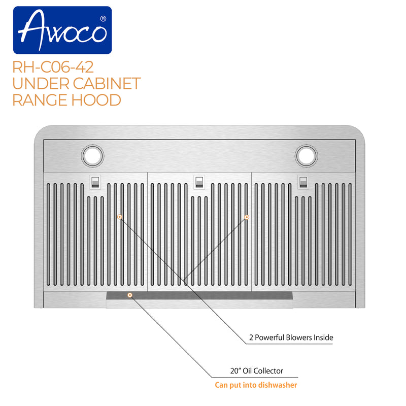 Awoco RH-C06 Under Cabinet Classic 6” High Stainless Steel Range Hood, 4 Speeds, Top Vent 900CFM w/ LED Lights