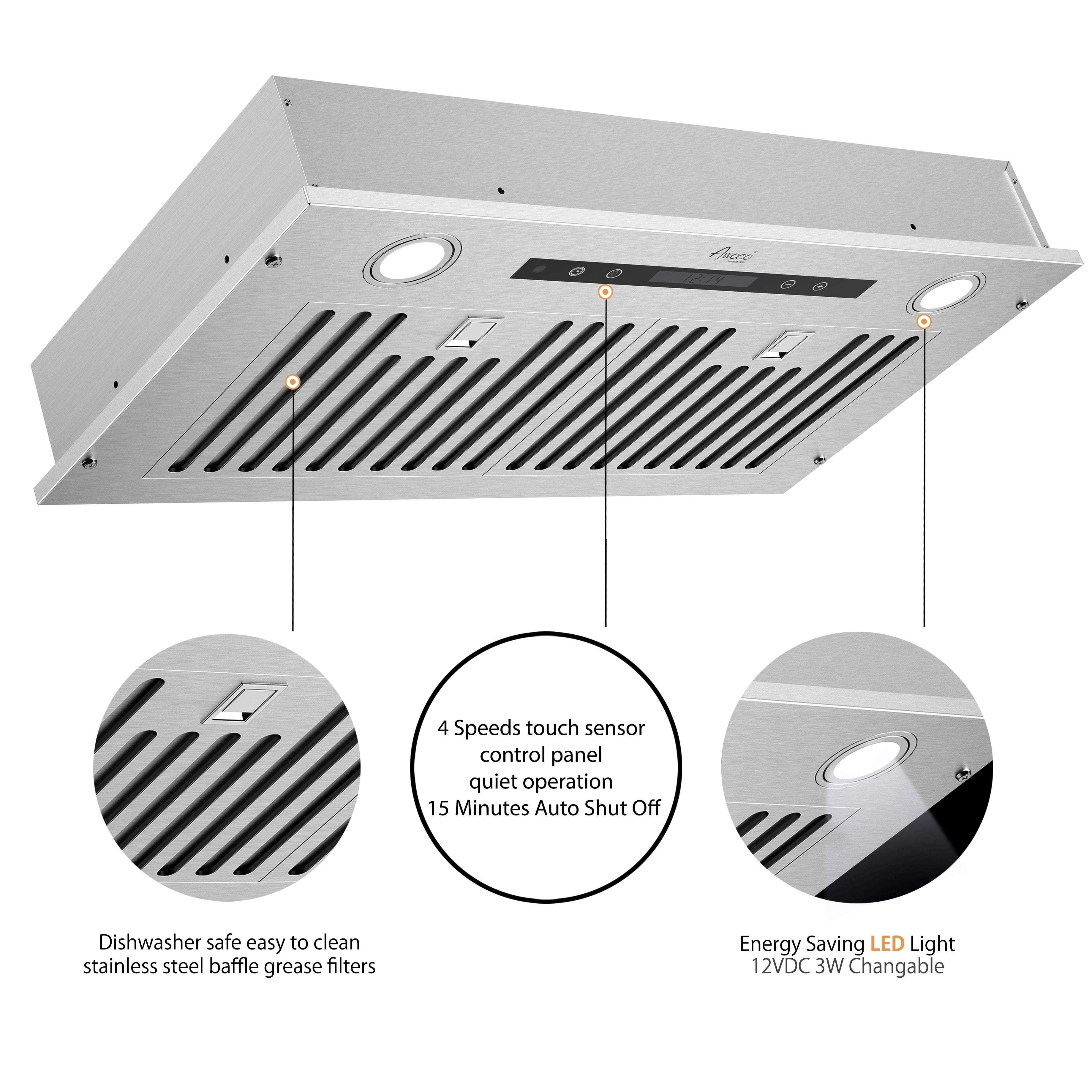 Awoco RH-IT06-R Ceiling Mount 14-1/2”D Super Quiet Split Stainless Steel Range Hood, 4-Speed, 800 CFM, Baffle Filters, Remote Control with 6” Blower