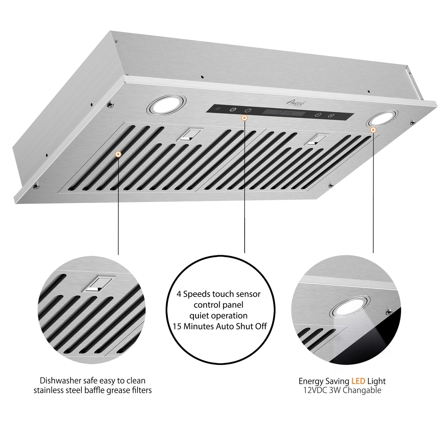 Awoco RH-IT06-R Ceiling Mount 14-1/2”D Super Quiet Split Stainless Steel Range Hood, 4-Speed, 800 CFM, Baffle Filters, Remote Control with 6” Blower