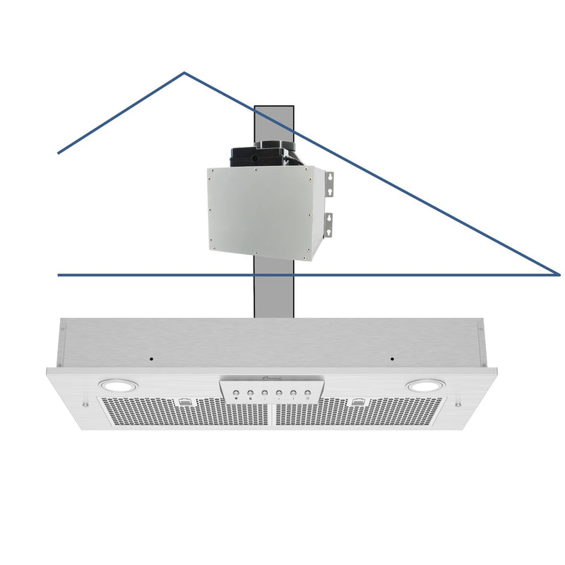 Awoco RH-IT06 11-3/4"D Super Quiet Split Insert Stainless Steel Range Hood, 4 Speeds with a 6” Blower Unit, 800CFM, Mesh Filters, LED Lights