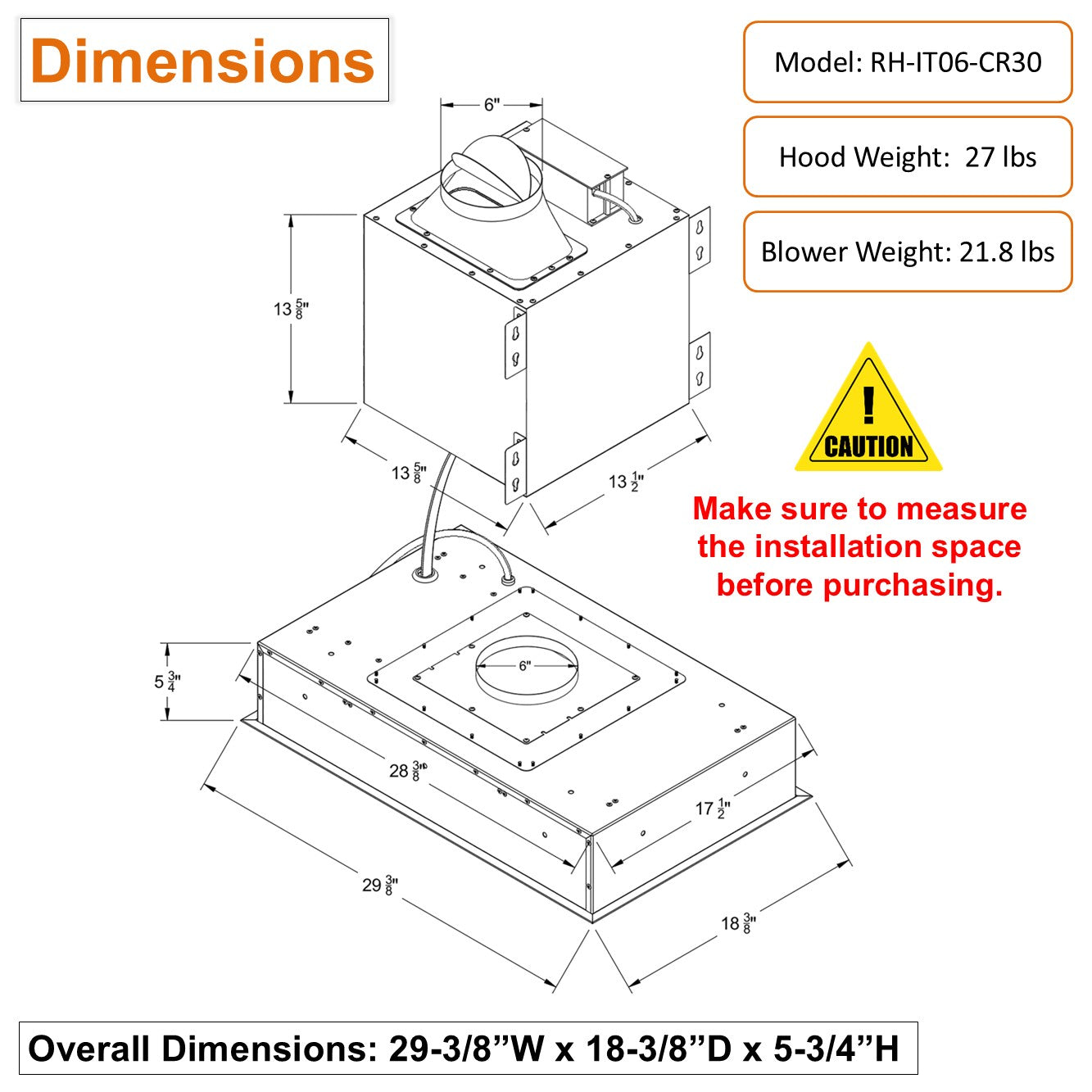 Awoco RH-IT06-CR Flush Ceiling Mount Split Insert Range Hood, Stainless Steel 4 Speeds 800 CFM, 6” Round Vent LED Lights Remote Control