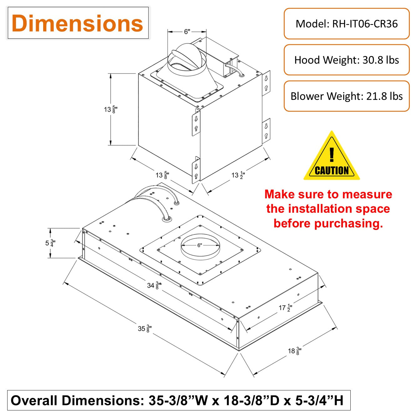 Awoco RH-IT06-CR Flush Ceiling Mount Split Insert Range Hood, Stainless Steel 4 Speeds 800 CFM, 6” Round Vent LED Lights Remote Control