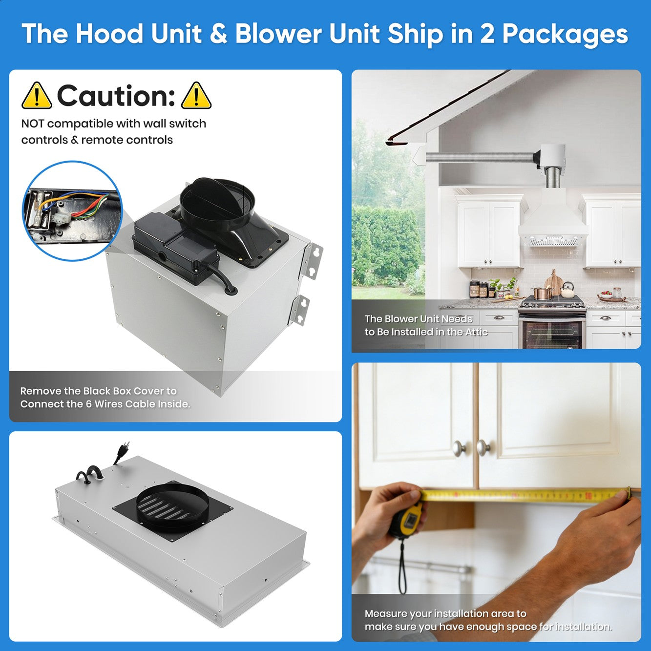 Awoco RH-IT06-M 14-1/2"D Super Quiet Split Insert Stainless Steel Range Hood, 4 Speeds with a 6" Blower Unit, 800CFM, LED Lights