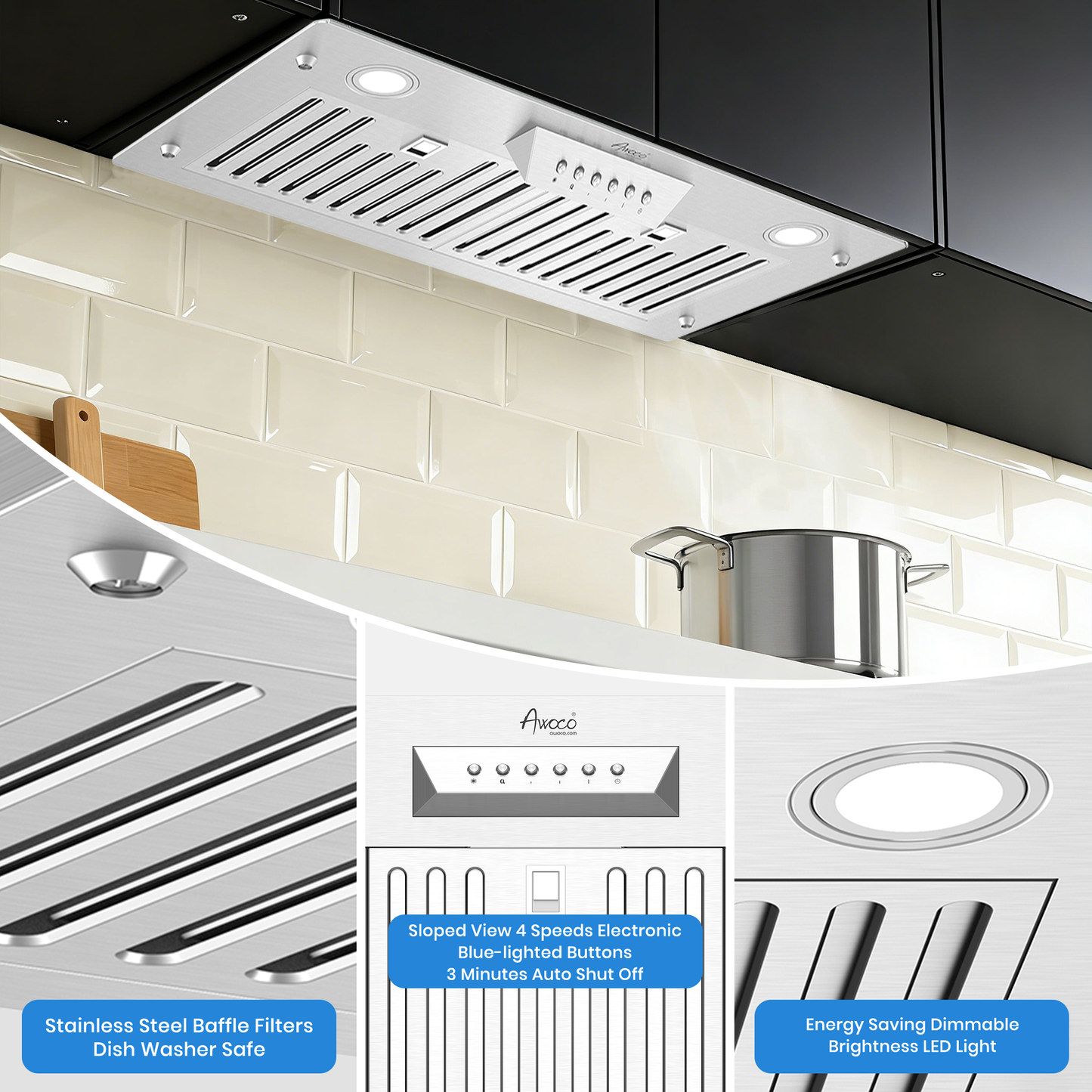 Awoco RH-IT08-M 14-1/2"D Super Quiet Split Insert Stainless Steel Range Hood, 4 Speeds with a 8" Blower Unit, 1000CFM, LED Lights