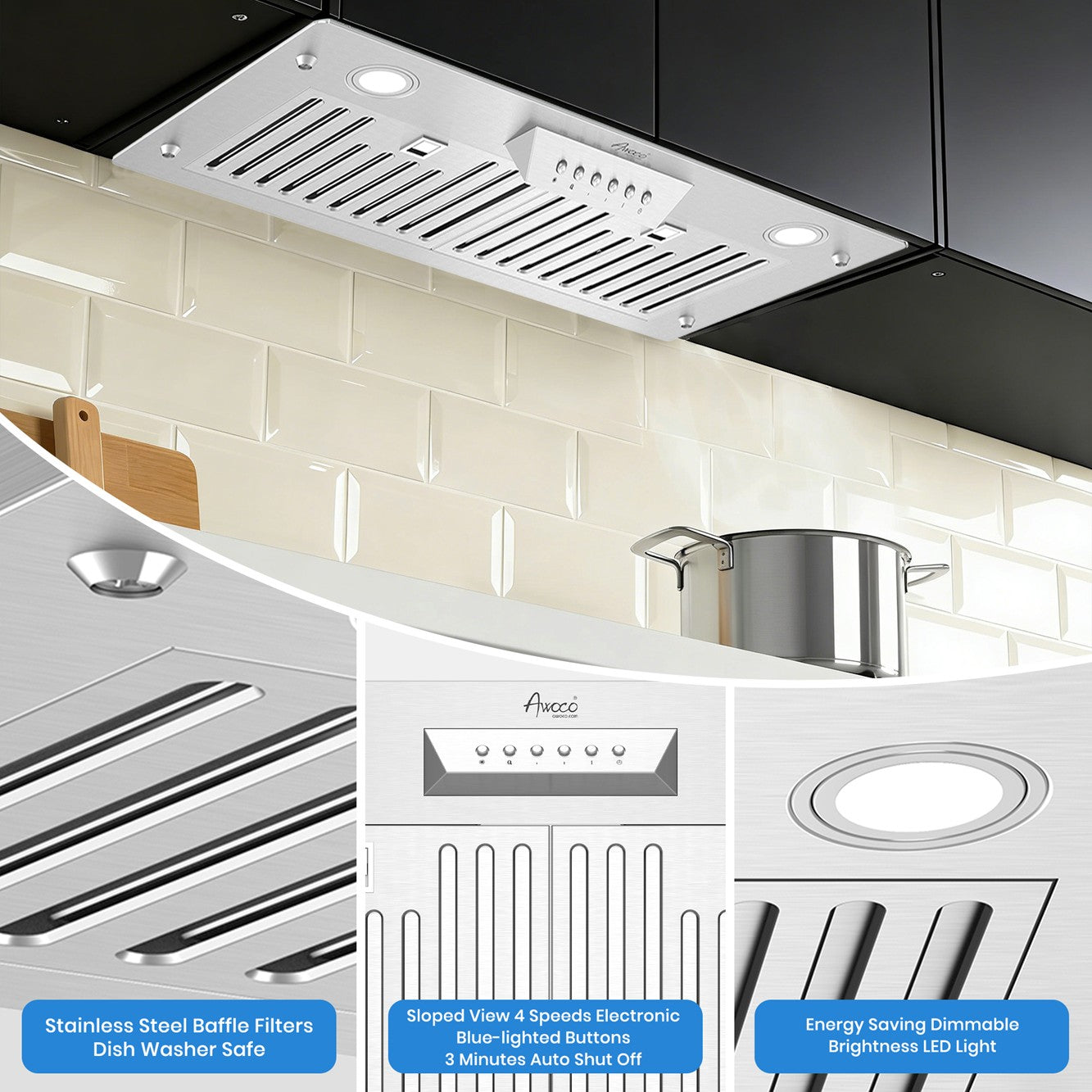 Awoco RH-IT08-M 14-1/2"D Super Quiet Split Insert Stainless Steel Range Hood, 4 Speeds with a 8" Blower Unit, 1000CFM, LED Lights