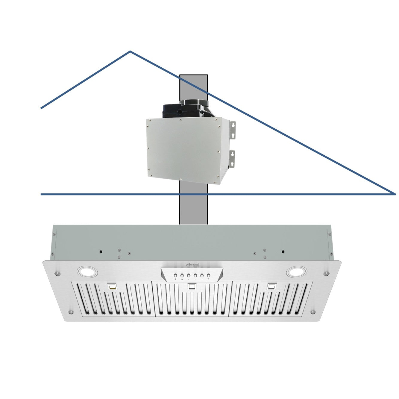 Awoco RH-IT06-M 14-1/2"D Super Quiet Split Insert Stainless Steel Range Hood, 4 Speeds with a 6" Blower Unit, 800CFM, LED Lights