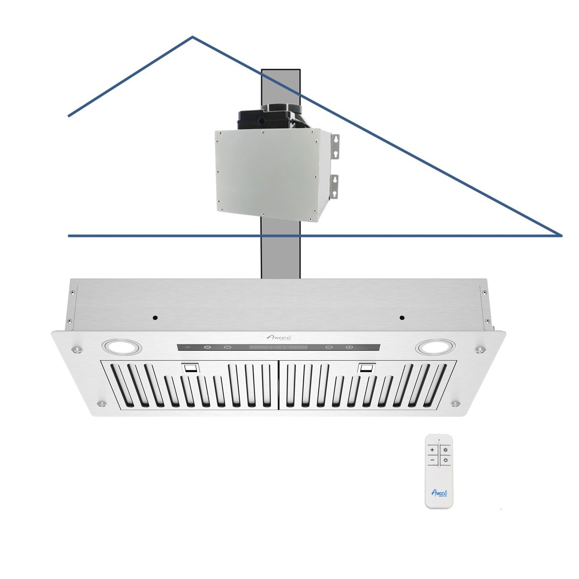 Awoco RH-IT06-R Ceiling Mount 14-1/2”D Super Quiet Split Stainless Steel Range Hood, 4-Speed, 800 CFM, Baffle Filters, Remote Control with 6” Blower