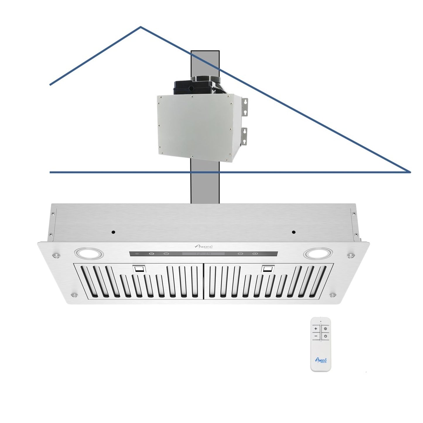 Awoco RH-IT06-R Ceiling Mount 14-1/2”D Super Quiet Split Stainless Steel Range Hood, 4-Speed, 800 CFM, Baffle Filters, Remote Control with 6” Blower