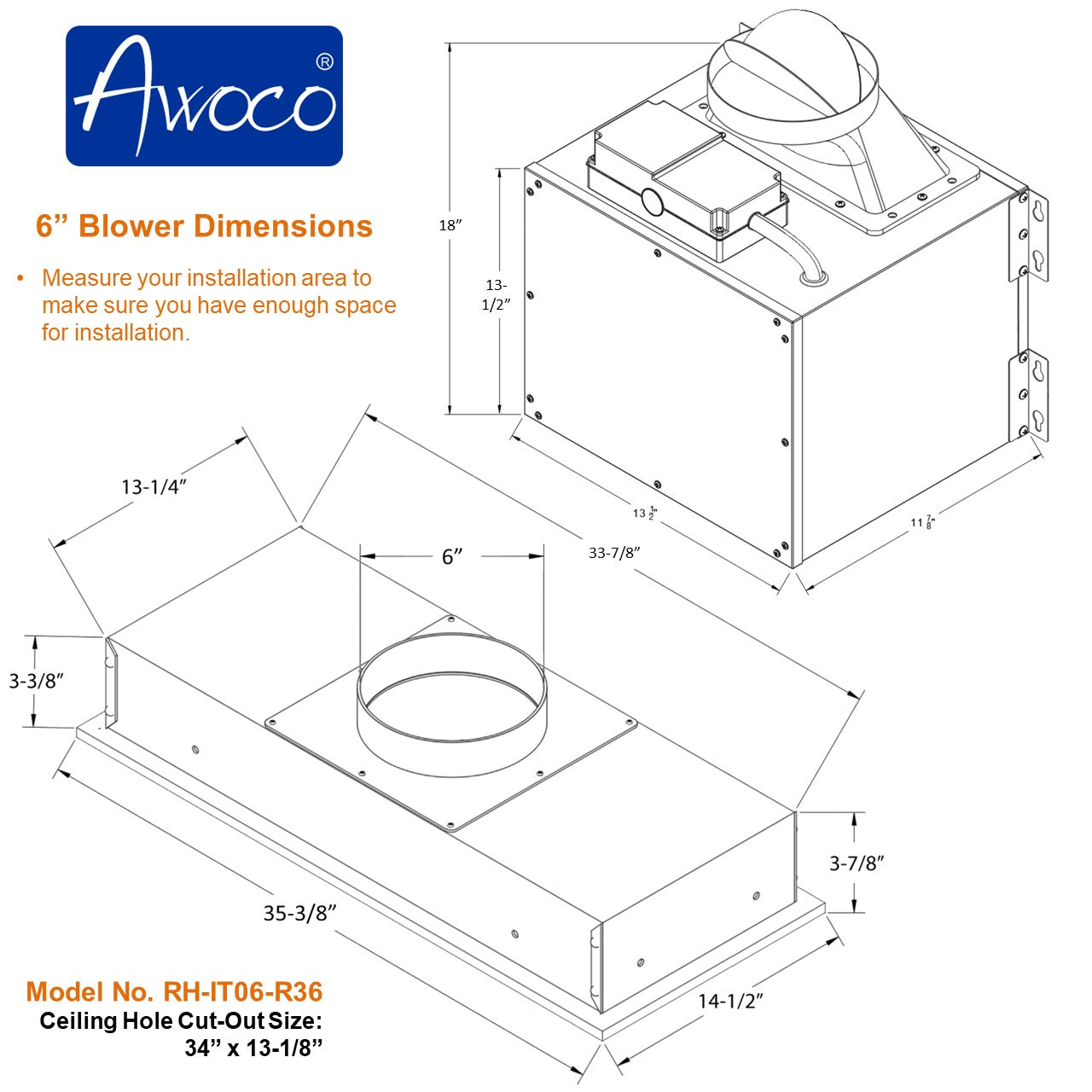 Awoco RH-IT06-R Ceiling Mount 14-1/2”D Super Quiet Split Stainless Steel Range Hood, 4-Speed, 800 CFM, Mesh Filters, Remote Control with 6” Blower