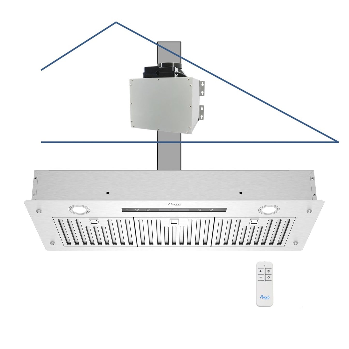 Awoco RH-IT06-R Ceiling Mount 14-1/2”D Super Quiet Split Stainless Steel Range Hood, 4-Speed, 800 CFM, Baffle Filters, Remote Control with 6” Blower