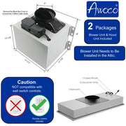 Awoco RH-IT06-R Ceiling Mount 14-1/2”D Super Quiet Split Stainless Steel Range Hood, 4-Speed, 800 CFM, Mesh Filters, Remote Control with 6” Blower
