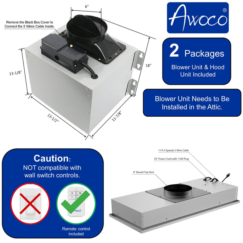 Awoco RH-IT06-R Ceiling Mount 14-1/2”D Super Quiet Split Stainless Steel Range Hood, 4-Speed, 800 CFM, Mesh Filters, Remote Control with 6” Blower