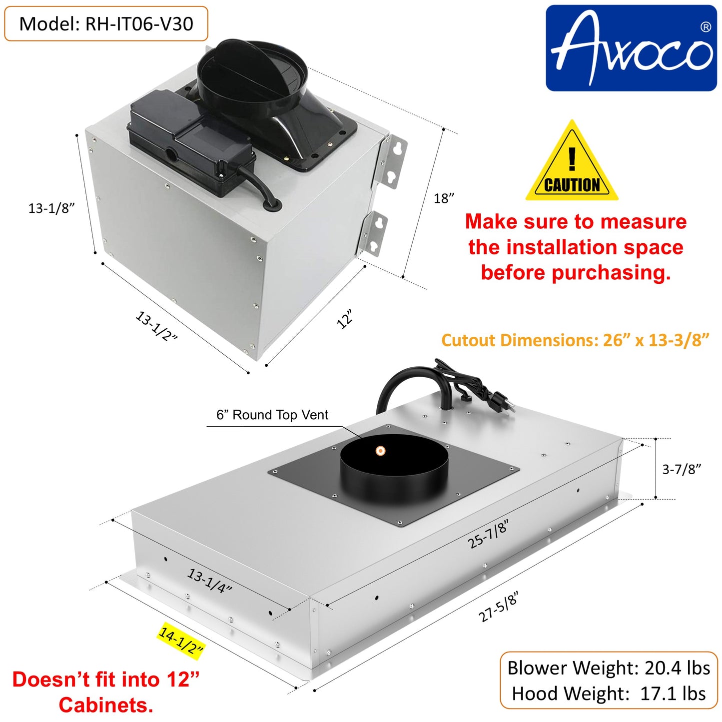 Awoco RH-IT06-V 14.5"D Ceiling Insert Mount Split Quiet Range Hood with Voice, Gesture, Touch, Remote Control, 800 CFM Kitchen Hood with 4-Speed Exhaust Fan, Stainless Steel Stove Hood with 6" Blower, LED Lights