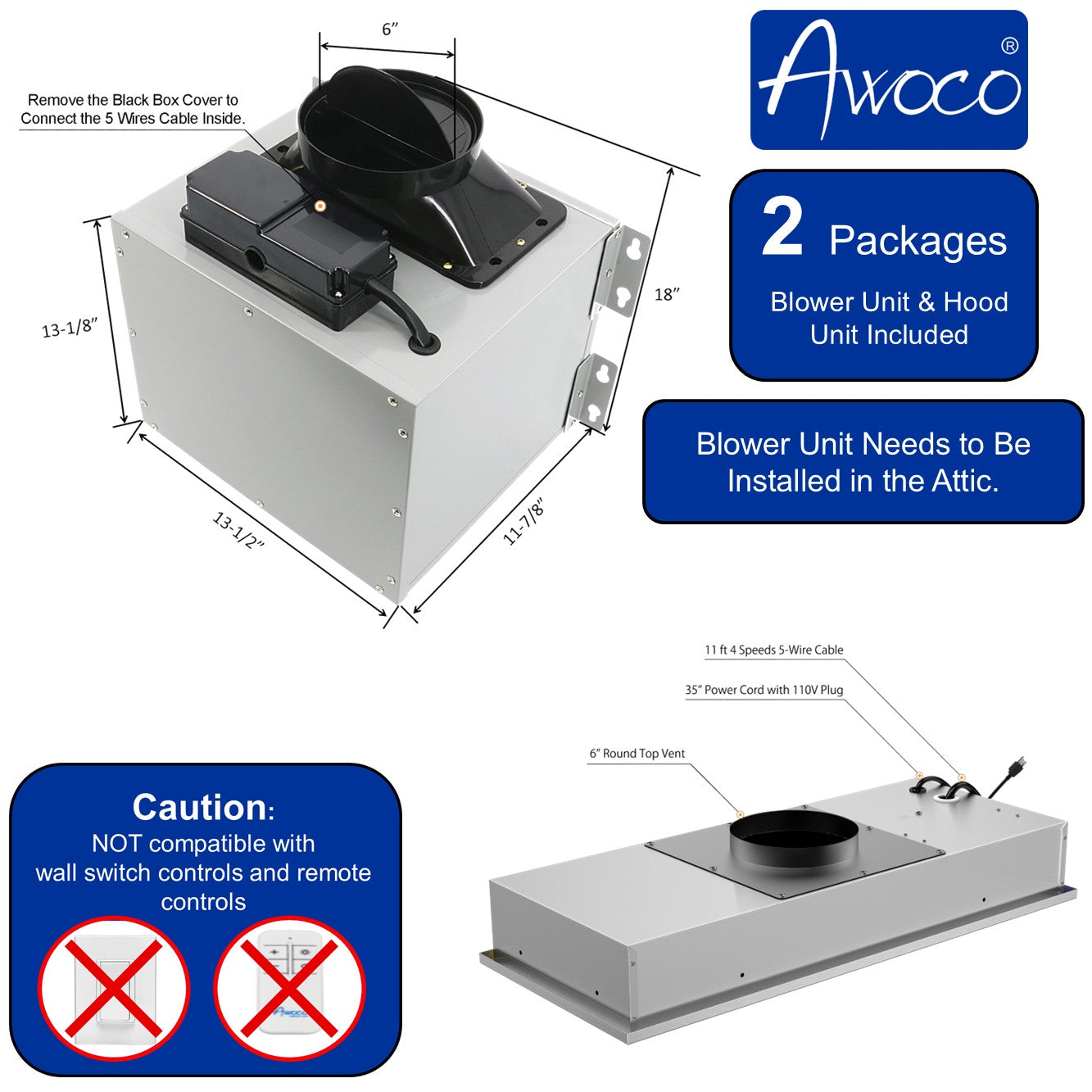 Awoco RH-IT06-M 14-1/2"D Super Quiet Split Insert Stainless Steel Range Hood, 4 Speeds with a 6" Blower Unit, 800CFM, LED Lights