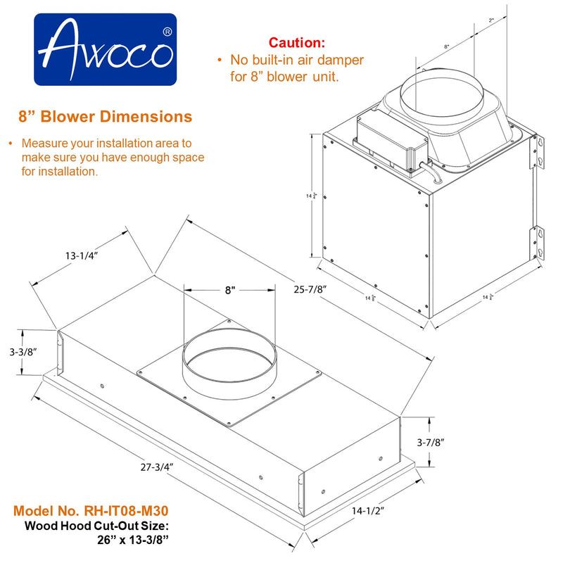 Awoco RH-IT08-M 14-1/2"D Super Quiet Split Insert Stainless Steel Range Hood, 4 Speeds with a 8" Blower Unit, 1000CFM, Mesh Filters, LED Lights