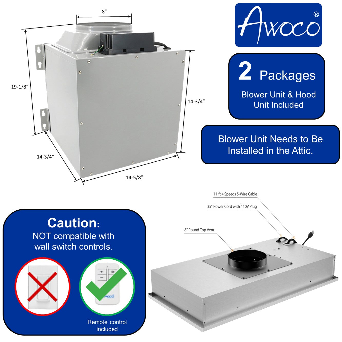 RH-IT08-R Ceiling Mount Range Hood - Split Insert - 1000 CFM & 8" Vent