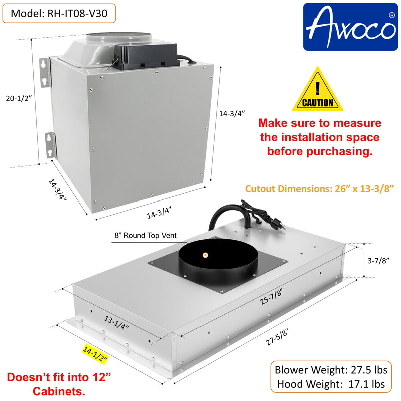 Awoco RH-IT08-V 14.5"D Ceiling Insert Mount Split Quiet Range Hood with Voice, Gesture, Touch, Remote Control, 1000 CFM Kitchen Hood with 4-Speed Exhaust Fan, Stainless Steel Stove Hood with 8" Blower, LED Lights