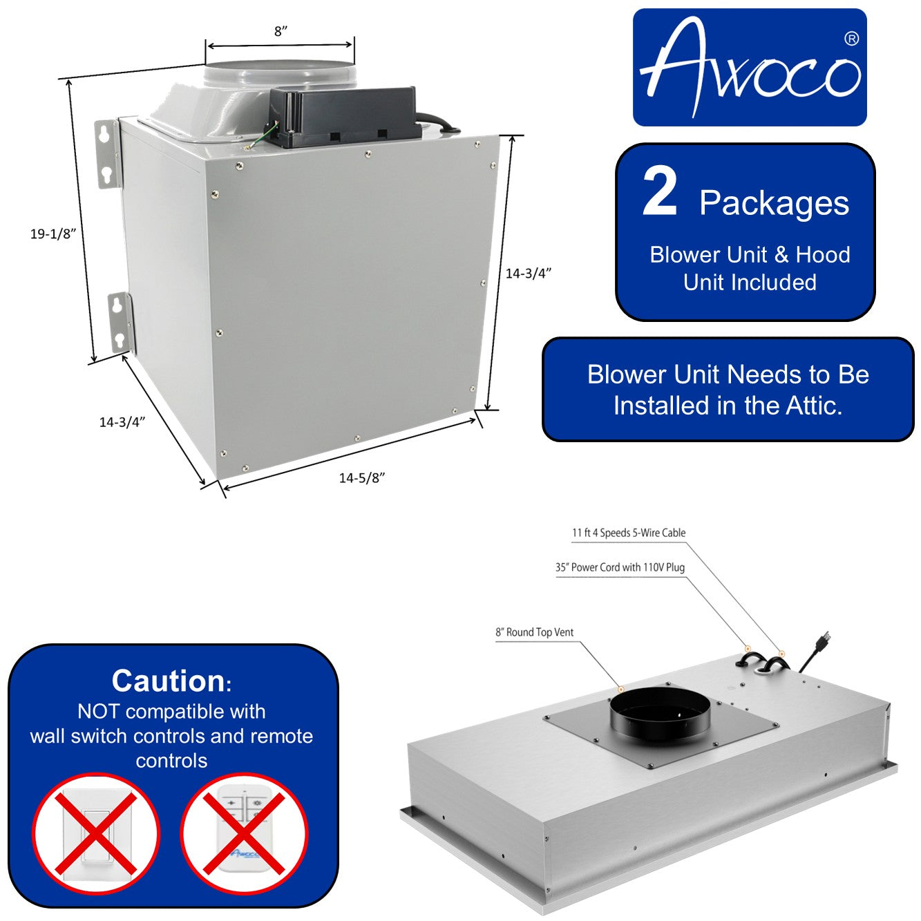 Awoco RH-IT08-M 14-1/2"D Super Quiet Split Insert Stainless Steel Range Hood, 4 Speeds with a 8" Blower Unit, 1000CFM, LED Lights