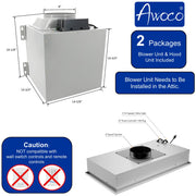 Awoco RH-IT08-M 14-1/2"D Super Quiet Split Insert Stainless Steel Range Hood, 4 Speeds with a 8" Blower Unit, 1000CFM, LED Lights