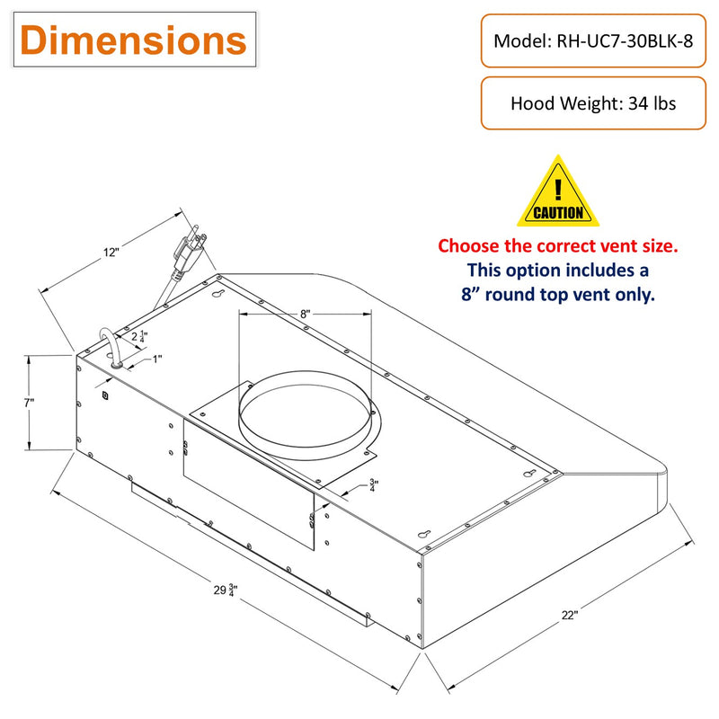 RH-UC7-30 Under Cabinet Range Hood Black Stainless Steel Gesture