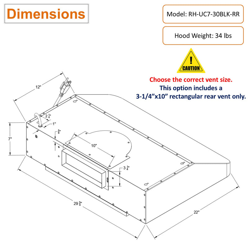 RH-UC7-30 Under Cabinet Range Hood Black Stainless Steel Gesture