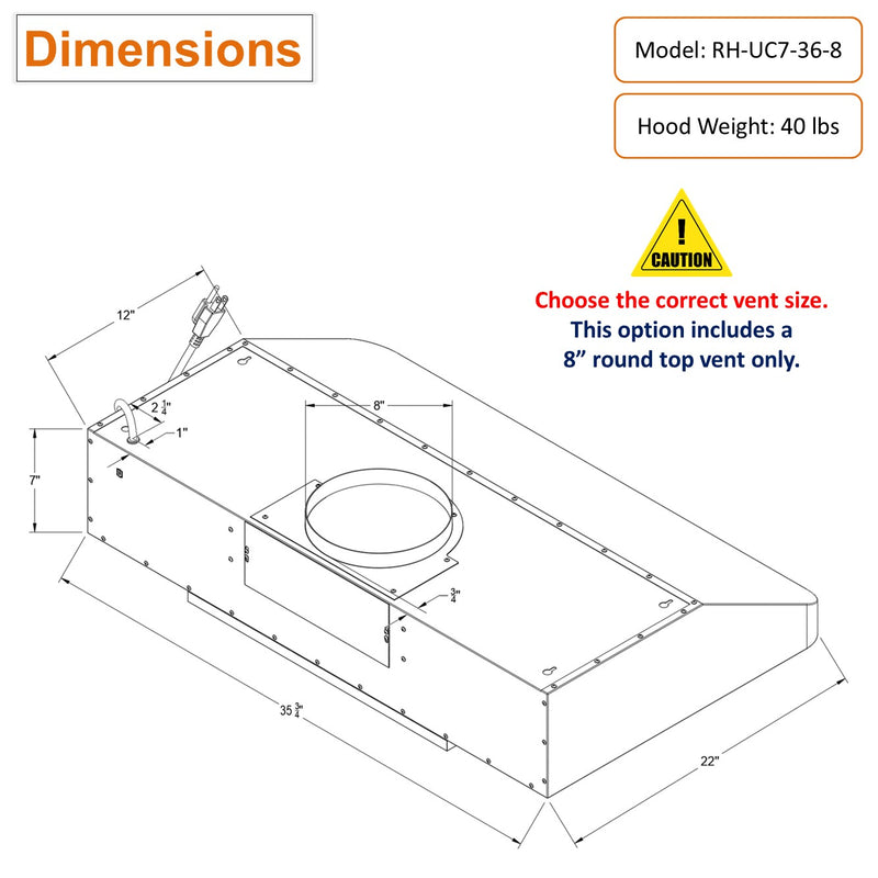 RH-UC7-36 Under Cabinet Range Hood Stainless Steel Gesture Control