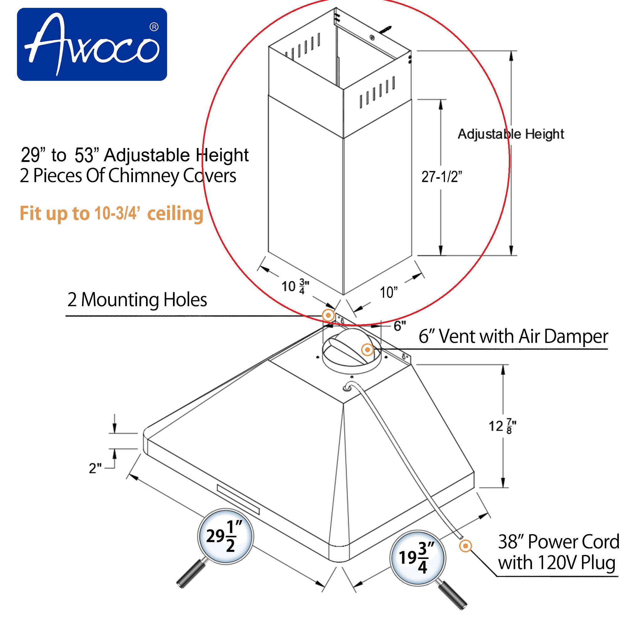 Awoco XL Adjustable Stainless Steel Chimney for RH-WT-C Wall Mount Range Hood (XL Chimney Only)