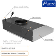 Awoco RH-UC7 30" Under Cabinet 7” High Stainless Steel Range Hood, 6 Speeds with Gesture Sensing Touch Control Panel, 900 CFM with Remote Control, 5W LED Light Bar