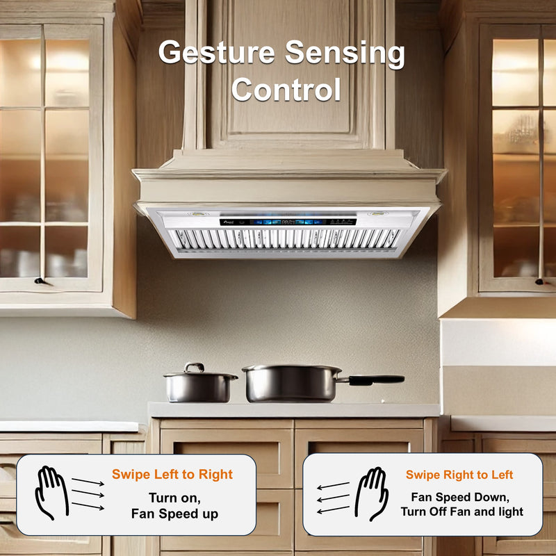 Awoco RH-BQ-XV Built-in Insert Stainless Steel Range Hood, Kitchen Hood with 4-Speed Exhaust Fan, Voice, Gesture, Touch & Remote Controls, 6" Round Top Vent, 800 CFM, Dimmable LED Lights, Baffle Filters