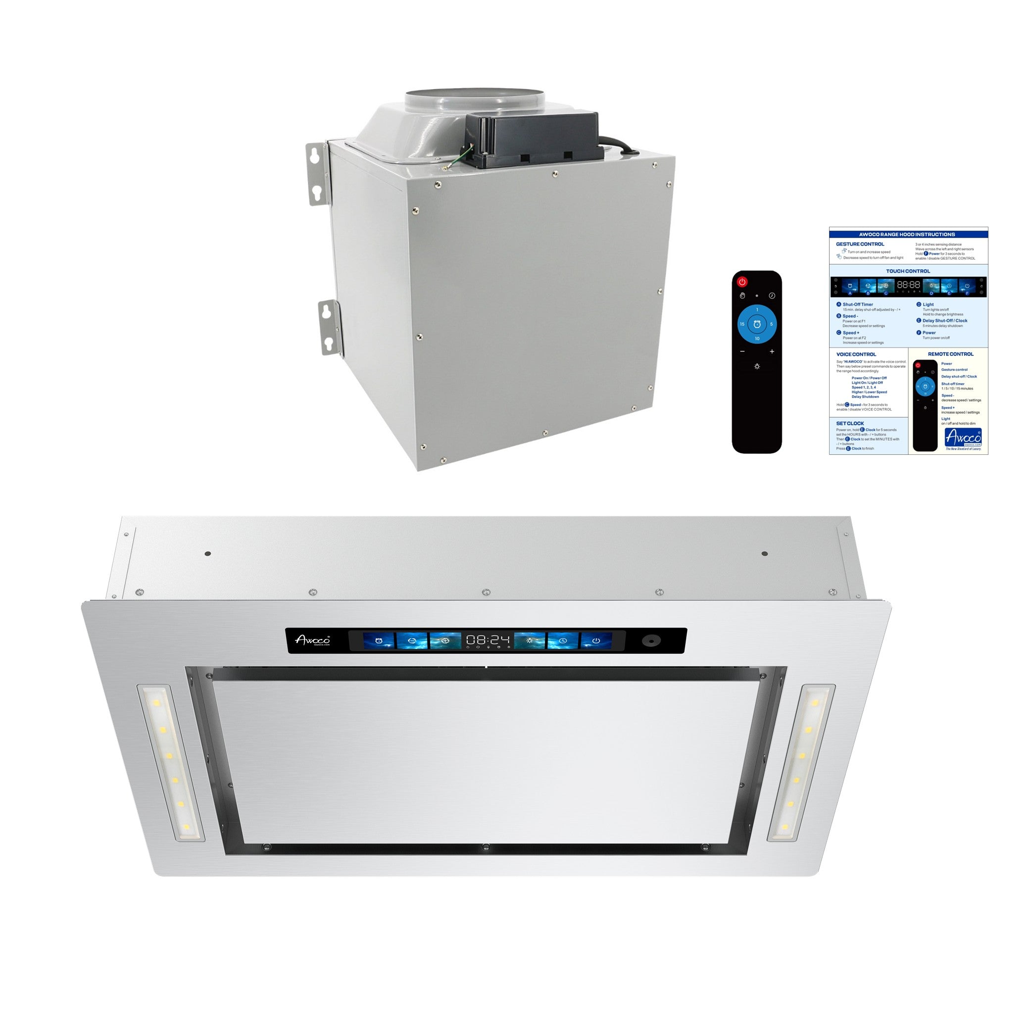 Awoco RH-IT08-GV 18.5”D Flush Ceiling Mount Split Insert Range Hood with Voice, Gesture, Touch, Remote Controls, 4-Speed 1000 CFM Stainless Steel Hood with 8” Round Vent LED Lights