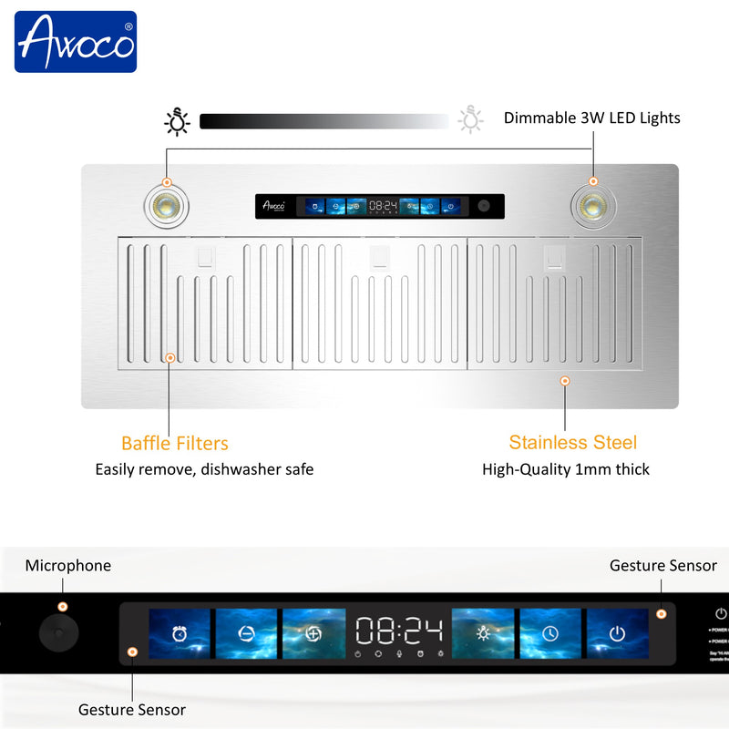 Awoco RH-IT06-V Ceiling Insert Mount Split Quiet Range Hood with Voice, Gesture, Touch, Remote Control, 800 CFM Kitchen Hood with 4-Speed Exhaust Fan, Stainless Steel Stove Hood with 6" Blower, LED Lights