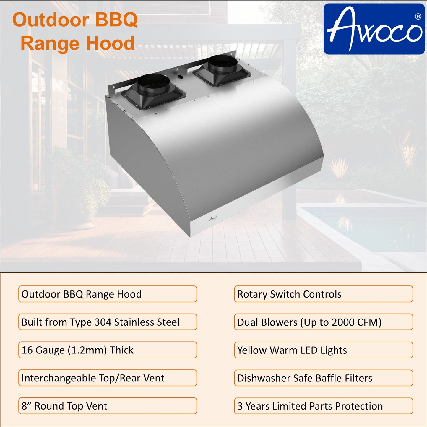Awoco 42" Outdoor BBQ Vent Hood 18" High Type 304 Stainless Steel, 4 Speeds 2000 CFM, Dual Blowers, Adjustable LED Lights, 8” Round Top Vent