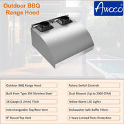Awoco 42" Outdoor BBQ Vent Hood 18" High Type 304 Stainless Steel, 4 Speeds 2000 CFM, Dual Blowers, Adjustable LED Lights, 8” Round Top Vent