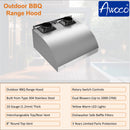 Awoco 42" Outdoor BBQ Vent Hood 18" High Type 304 Stainless Steel, 4 Speeds 2000 CFM, Dual Blowers, Adjustable LED Lights, 8” Round Top Vent