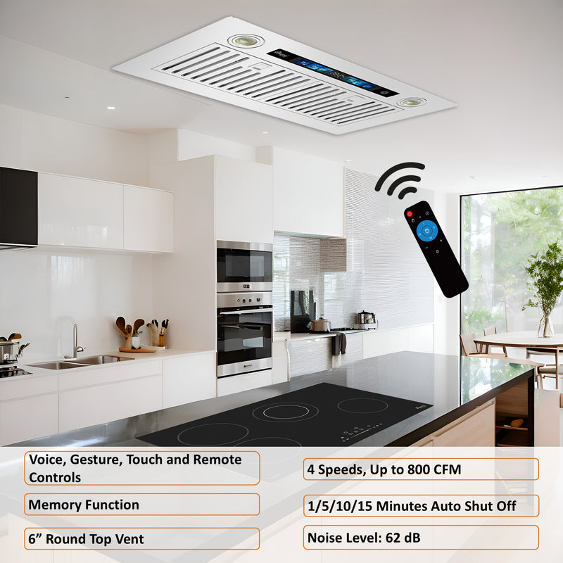 Awoco RH-IT06-V Ceiling Insert Mount Split Quiet Range Hood with Voice, Gesture, Touch, Remote Control, 800 CFM Kitchen Hood with 4-Speed Exhaust Fan, Stainless Steel Stove Hood with 6" Blower, LED Lights