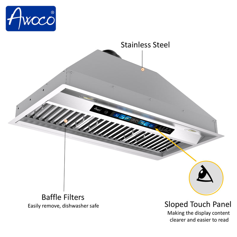 Awoco RH-BQ-XV Built-in Insert Stainless Steel Range Hood, Kitchen Hood with 4-Speed Exhaust Fan, Voice, Gesture, Touch & Remote Controls, 6" Round Top Vent, 800 CFM, Dimmable LED Lights, Baffle Filters
