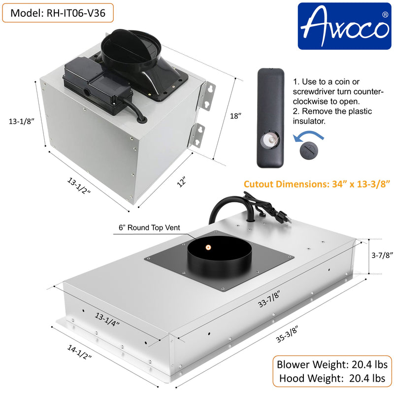 Awoco RH-IT06-V Ceiling Insert Mount Split Quiet Range Hood with Voice, Gesture, Touch, Remote Control, 800 CFM Kitchen Hood with 4-Speed Exhaust Fan, Stainless Steel Stove Hood with 6" Blower, LED Lights