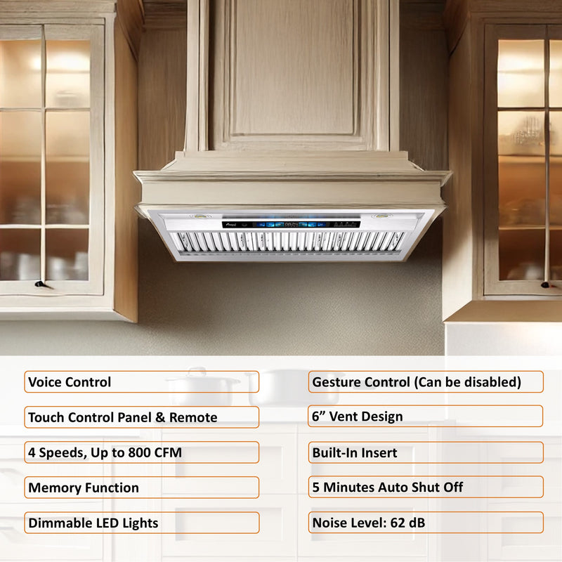Awoco RH-BQ-XV Built-in Insert Stainless Steel Range Hood, Kitchen Hood with 4-Speed Exhaust Fan, Voice, Gesture, Touch & Remote Controls, 6" Round Top Vent, 800 CFM, Dimmable LED Lights, Baffle Filters