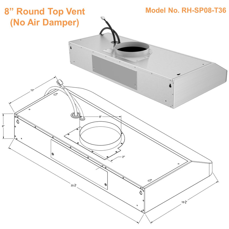 Awoco RH-SP08-T Super Quiet Split Stainless Steel Under Cabinet Range Hood, 4 Speeds, 8" Round Top Vent, 1000CFM, with LED Lights