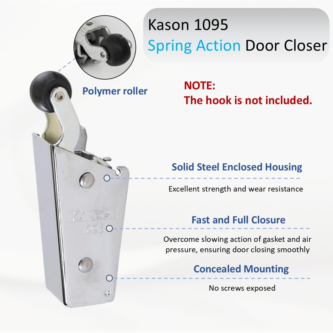 Kason 1095 Spring Action Door Closer, Adjustable Wide Hook, for Heavy Walk-In Coolers/Freezers