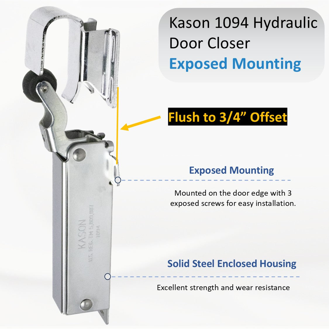 Kason 1094 Hydraulic Door Closer, Concealed or Exposed Mounting with Adjustable Wide Hook for Walk-In Coolers/Freezers