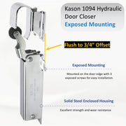 Kason 1094 Hydraulic Door Closer, Concealed or Exposed Mounting with Adjustable Wide Hook for Walk-In Coolers/Freezers